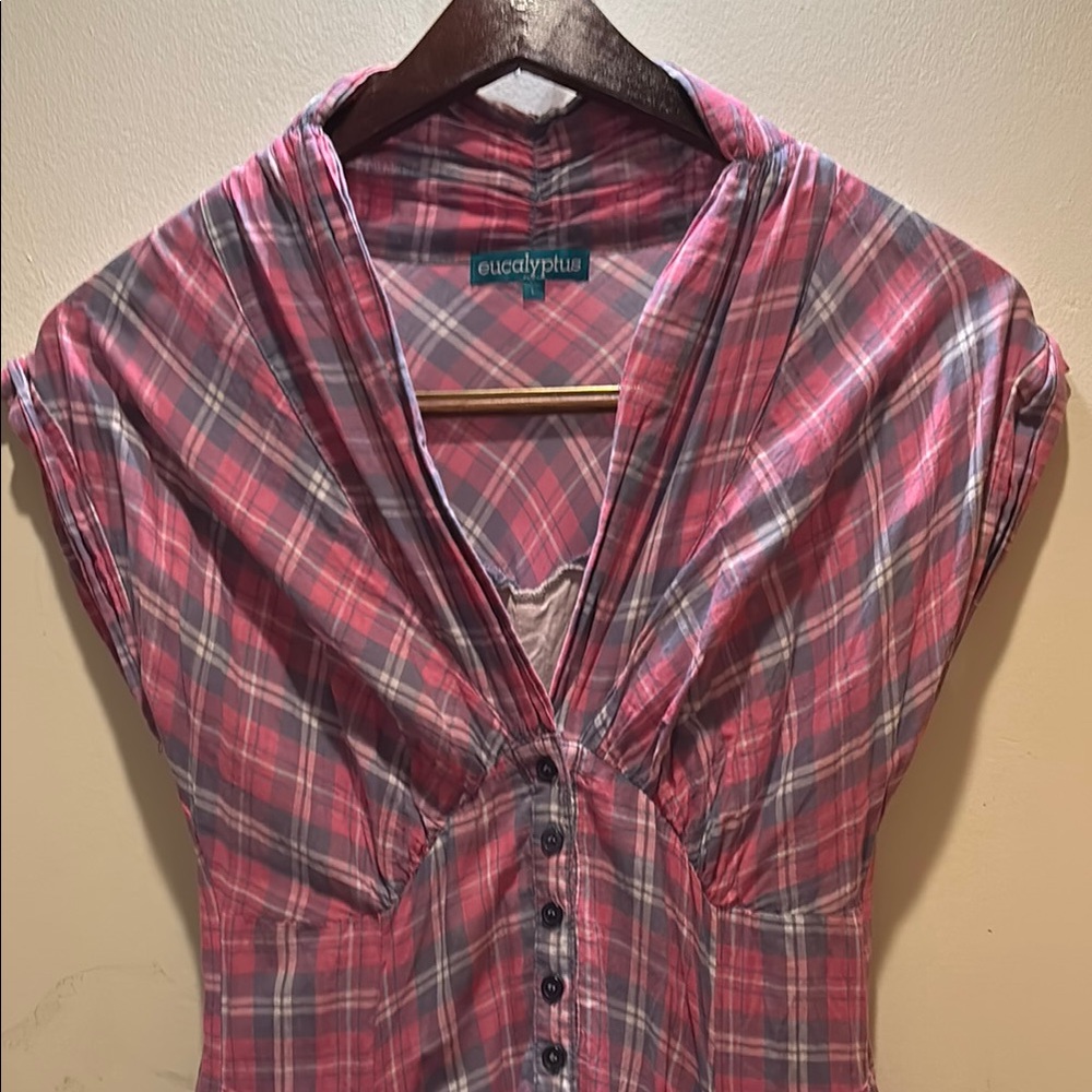 Eucalyptus Pink Plaid Button-Front Women’s dress